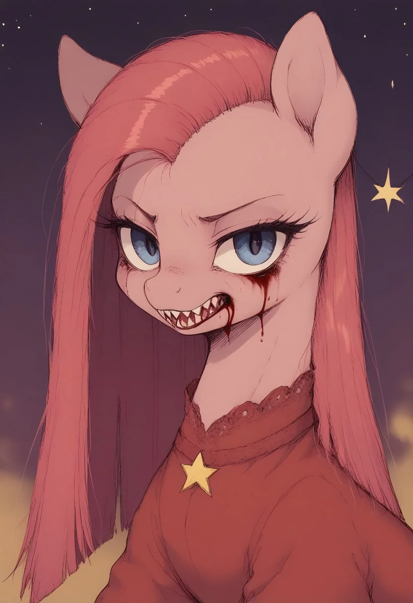 score_9, score_8_up, score_7_up, d4rkpurp, ((feral pony)), solo, dark empty field, stars, looking at viewer, standing on four legs, sharp teeth, mad expression, mad gaze, close up, front view, ((blood splatter on cheek))
BREAK,
(pinkamena diane pie), red dress, red belt