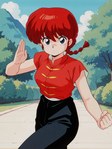 masterpiece, best quality, newest, absurdres, highres, detailed eyes, beautiful, detailed background, perfect eyes, anime coloring, retro artstyle, 1990s \(style\), 1girl, solo, ranma-chan, red hair, long hair, single braid, blue eyes, medium breasts, chinese clothes, tangzhuan, red shirt, sleeves rolled up, black pants, (outdoors, fighting stance), <lora:r4nm4_c_rnm-08:0.8>