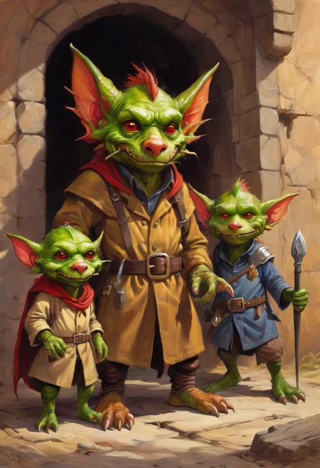 a painting of 3 kobolds in a trench coat, kobold wizard mafia, cute fantasy art, art, oil painting, digital painting
Furry Creatures or Goblin-like Beings, diminutive, humanoid figures, gnome-like, furry goblin-like beings with cute exaggerated features, dog-dragon like
Elmore_Style_LX, in the style of jeff-easley