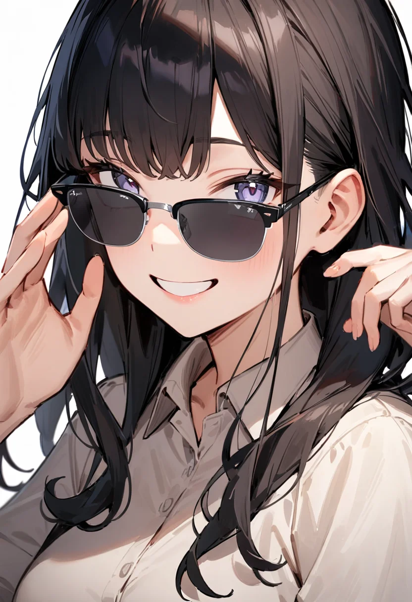 masterpiece, best quality, very aesthetic, absurdres,
1girl, solo, black hair, long hair,
sirmont, sunglasses, grey-tinted eyewear, black-framed eyewear, grey-framed eyewear, two-tone eyewear,
collared shirt, happy, smile, looking at viewer, adjusting eyewear, white background, simple background,
<lora:sunglasses_CLUBMASTER_SDXL_V1:1>