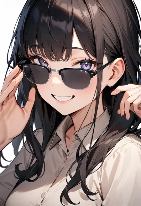 masterpiece, best quality, very aesthetic, absurdres,
1girl, solo, black hair, long hair,
sirmont, sunglasses, grey-tinted eyewear, black-framed eyewear, grey-framed eyewear, two-tone eyewear,
collared shirt, happy, smile, looking at viewer, adjusting eyewear, white background, simple background,
<lora:sunglasses_CLUBMASTER_SDXL_V1:1>