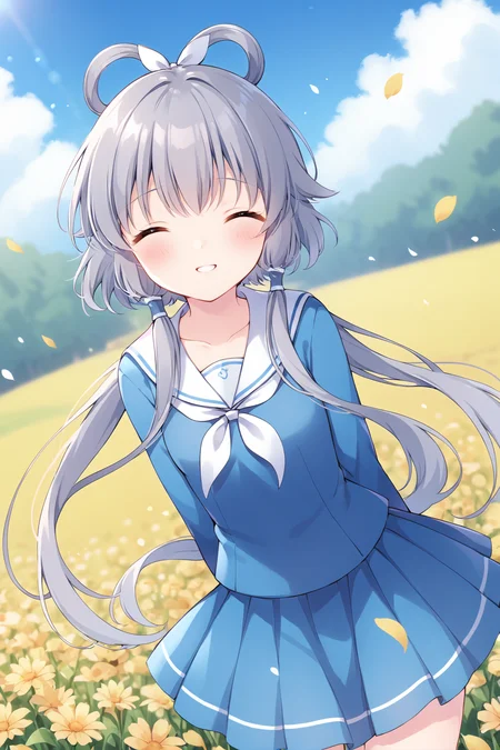 CHII,1girl,solo,<lora:Chobits_XL:0.8>,
yellow flower, smile, flower, closed eyes, blush,shy,day, dress, outdoors, blue dress, sailor dress, hair between eyes, long sleeves, bangs, facing viewer, white sailor collar, blue sky, sailor collar, ^_^, sky, blurry, depth of field, flower field, field, bow, blurry background, hands up, white bow, petals, cloud, two side up, collarbone, upper body, sidelocks
, grey hair, hair ornament, hair rings, short hair with long locks, hair tubes, <lora:luotianyi_xl:0.8>,leaning forward, ((arms behind back)),