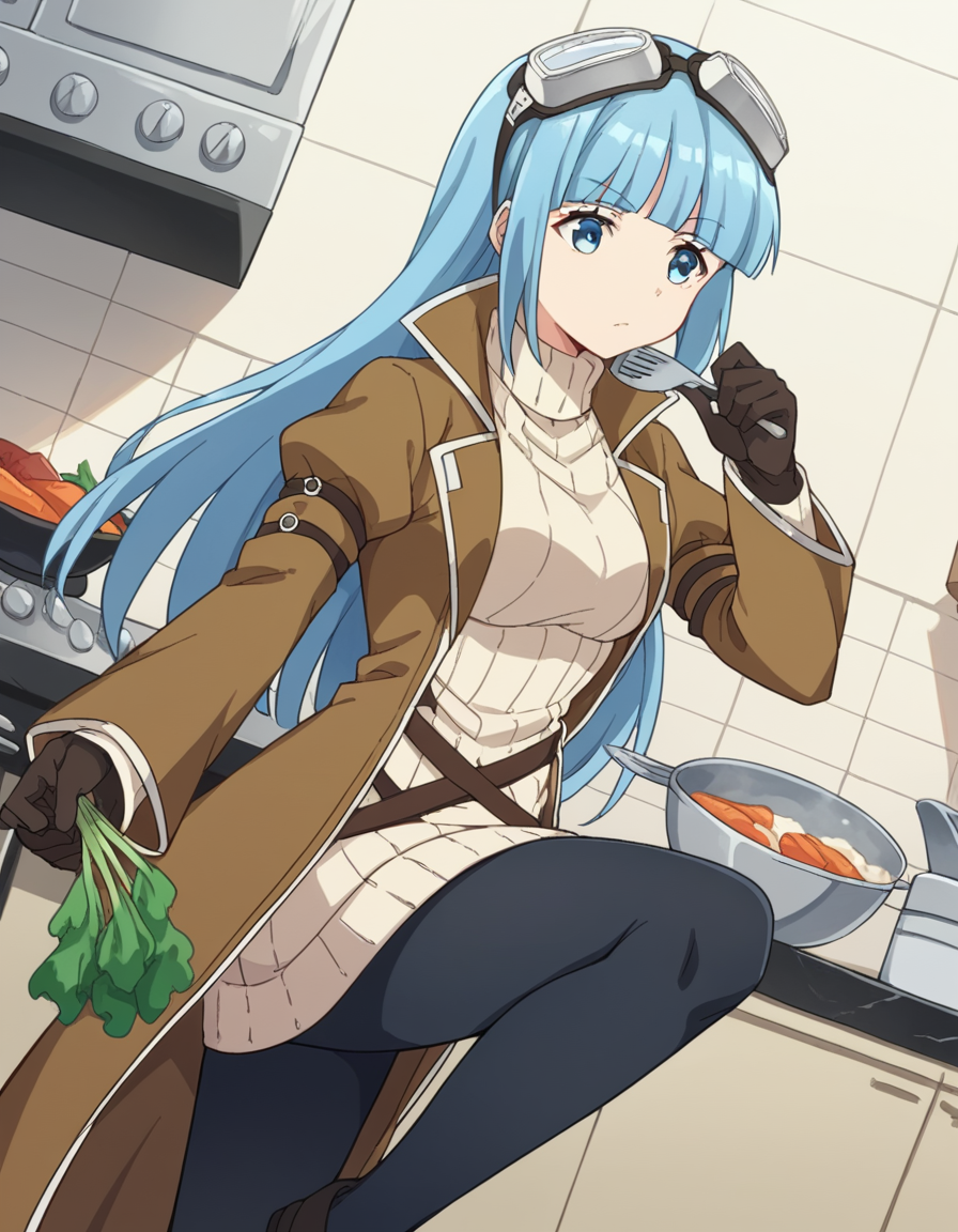score_9, score_8_up, score_7_up, source_anime, <lora:bofuri-iz-s2-ponyxl-lora-nochekaiser:1>, iz, long hair, bangs, blue eyes, blue hair, blunt bangs,, gloves, long sleeves, dress, pantyhose, black gloves, sweater, coat, turtleneck, goggles, ribbed sweater, goggles on head, open coat, turtleneck sweater,, kitchen, cooking, apron, cutting vegetables, home cooking, , , knee up, elbow bent, foot on tiptoe, solo,, cowboy shot, dutch angle