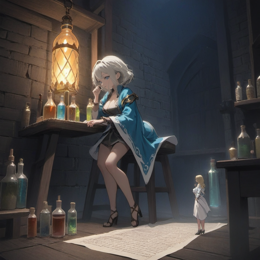 (((dirty))), highly detailed person, (miniature:1.2), 1girl, 30 year old woman,  fantasy adventures party, broken cloth, dungeon, close-up, standing on wooden chair,  woman next to magical paper scroll, woman next to potions bottle, anime style, <lora:shrunken:1.2>