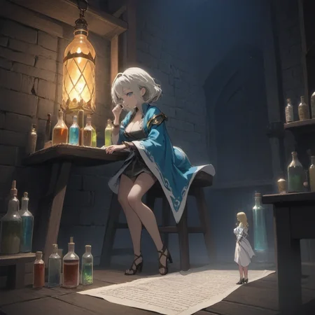 (((dirty))), highly detailed person, (miniature:1.2), 1girl, 30 year old woman, fantasy adventures party, broken cloth, dungeon, close-up, standing on wooden chair, woman next to magical paper scroll, woman next to potions bottle, anime style, <lora:shrunken:1.2>