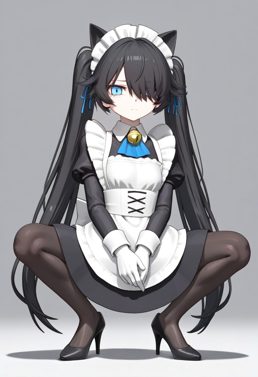 3D,(((MMD))),(Maid-kasli), solo, white gloves, dress, hair over one eye, maid apron, blue eyes, twintails, cat ears, maid headdress, maid, gloves, 1girl, apron, juliet sleeves, long sleeves, long hair, black hair, animal ears, bell,(Fall down),(squatting down, heels touching each other, legs fully extended outward)