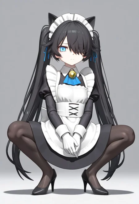 3D,(((MMD))),(Maid-kasli), solo, white gloves, dress, hair over one eye, maid apron, blue eyes, twintails, cat ears, maid headdress, maid, gloves, 1girl, apron, juliet sleeves, long sleeves, long hair, black hair, animal ears, bell,(Fall down),(squatting down, heels touching each other, legs fully extended outward)