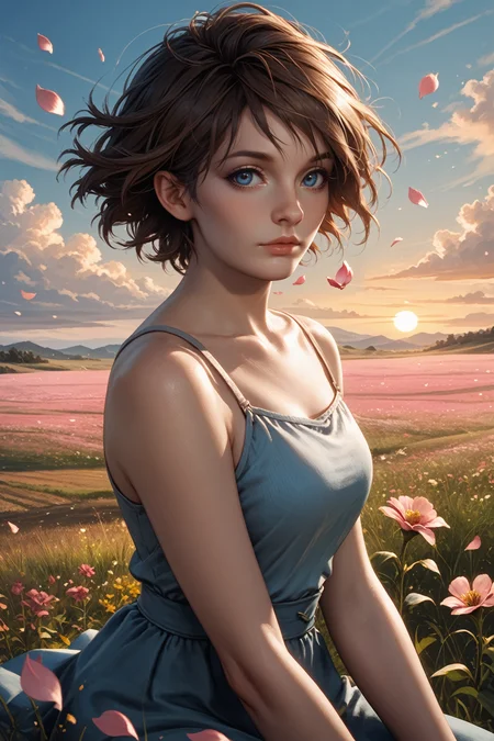score_9, score_8_up, score_7_up, score_6_up
<lora:RE7Zoe:0.8>
RE7Zoe, 1girl, brown hair, short hair, blue eyes, looking at viewer, sitting, field, hill, blue sky, sunset, flower petals, wind