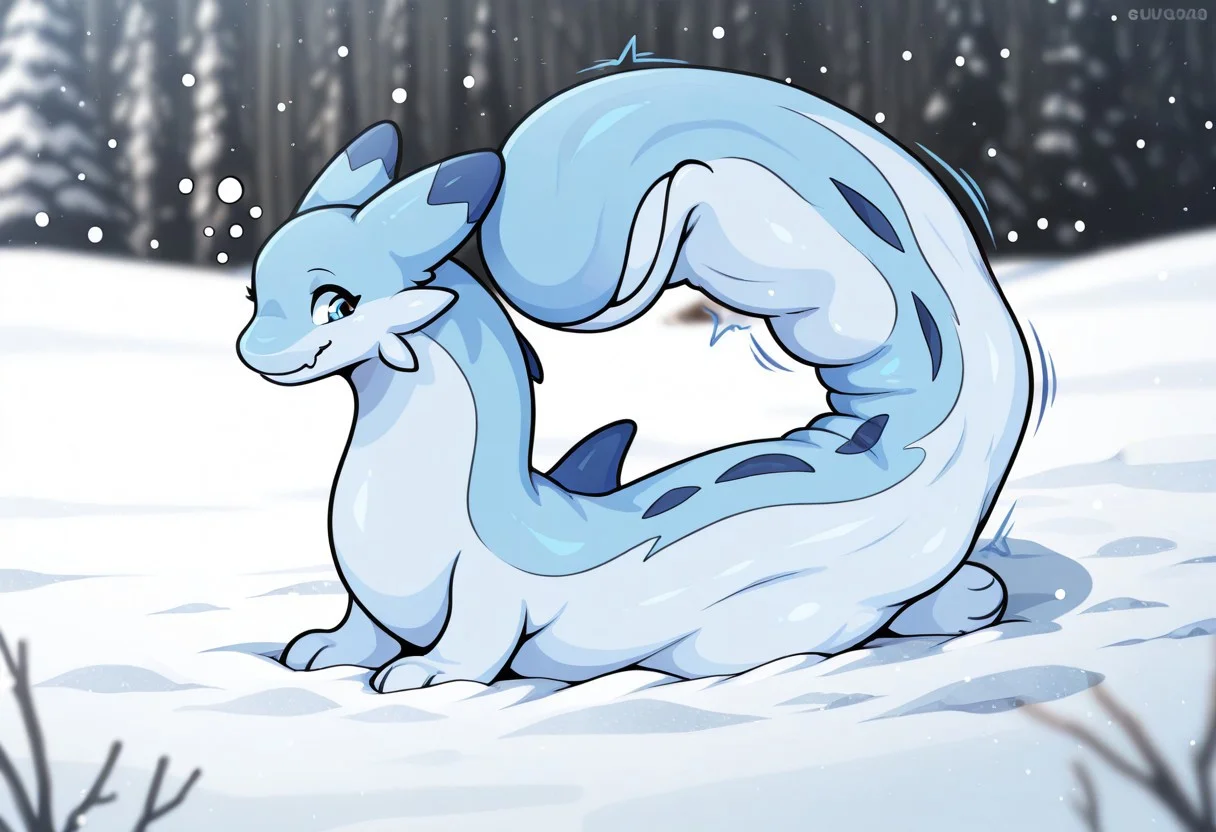 v_tail, Chillet, feral, snow, depth of field, detailed background, masterpiece, best quality, high quality, absurdres, highres, incredibly absurdres, newest, amazing quality, body imprint in tail