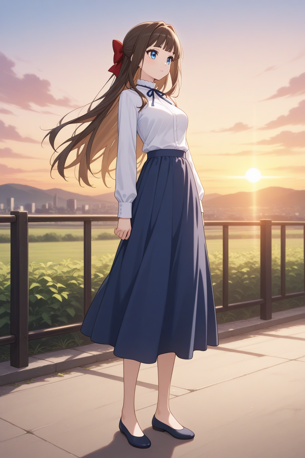 (white shirt blue long skirt flats:1.50), 
pc-asuka, blue eyes, brown hair, red hairbow, 
medium breasts, 1girl, solo, skinny,
(masterpiece, best quality, absurdres, high quality, highres, anime, anime style), 
BREAK,
(horny:1.10),
BREAK,
(sunset outdoors:1.10),
BREAK,
(:0.80),
BREAK,
(feet:1.10), 
<lora:pc-asuka-V04-illXL-000003:0.70>