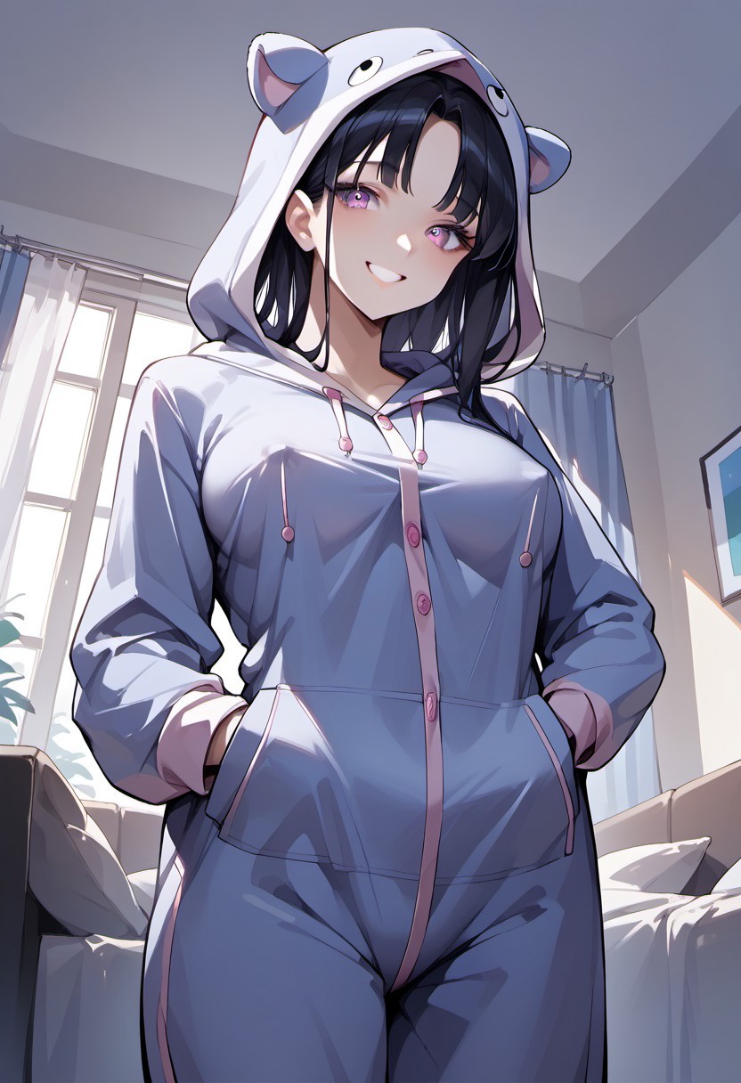 score_9, score_8_up, score_7_up, score_6_up, 1girl, source_anime, 
1girl, Hina,
haircut bangs, onesie pajamas, hooded onesie, hood up, smiling, nipple outline,
Indoors, living room,
Dutch angle,