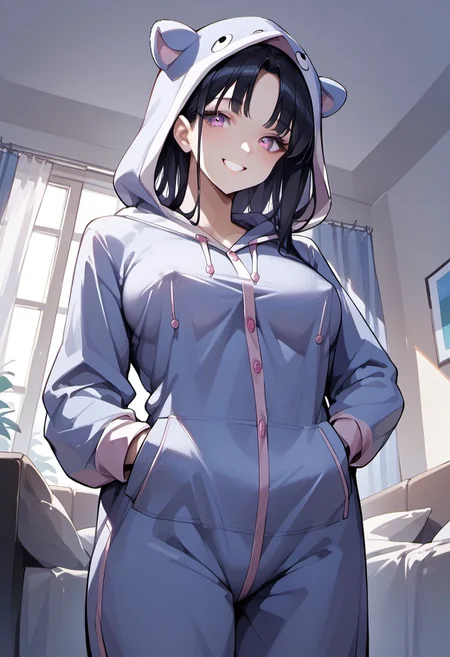 score_9, score_8_up, score_7_up, score_6_up, 1girl, source_anime,
1girl, Hina,
haircut bangs, onesie pajamas, hooded onesie, hood up, smiling, nipple outline,
Indoors, living room,
Dutch angle,