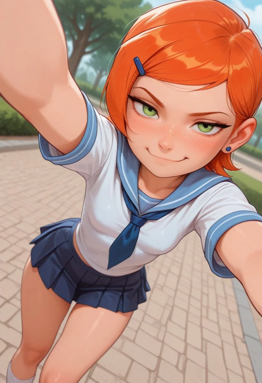 masterpiece, best quality, good quality, very aesthetic, absurdres, newest, 8K, depth of field, focused subject, mythp0rt,
stylized, wabi sabi,
1girl, Gwendolyn_Tennyson, orange hair, short, hair, freckles, cute,
smug,
petite body, small waist, curvy, thighs, shapely legs,
small breasts,
school uniform,
dynamic angle, selfie,
park,