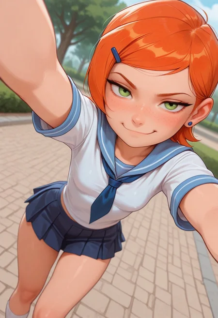 masterpiece, best quality, good quality, very aesthetic, absurdres, newest, 8K, depth of field, focused subject, mythp0rt,
stylized, wabi sabi,
1girl, Gwendolyn_Tennyson, orange hair, short, hair, freckles, cute,
smug,
petite body, small waist, curvy, thighs, shapely legs,
small breasts,
school uniform,
dynamic angle, selfie,
park,