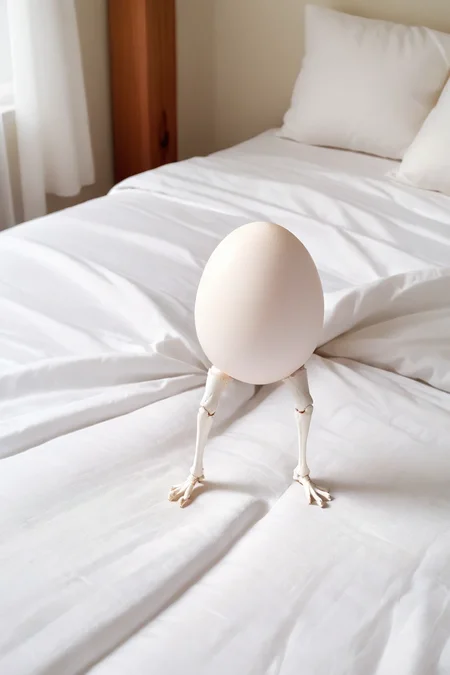 photo, white egg with legs, on bed