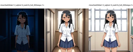 1girl,indoors,black hair,brown eyes,late night,<lora:DarkSlider1.2_alpha1.0_rank16_full_300steps:-1>,standing,nagatoro hayase,school uniform,white shirt,cowboy shot,front view,