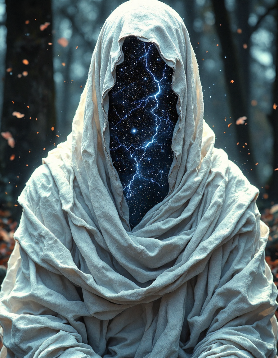 A haunting portrait of a figure draped in a flowing white robe. The figure's face and body are not visible, instead they are replaced by a deep, dark space filled with countless twinkling stars, resembling a starry night sky. The robe has realistic folds and shadows, giving it a sense of volume and texture. The background is a dark, blurred forest, adding to the mysterious and ethereal atmosphere. The lighting is soft and diffused, highlighting the contrast between the white robe and the dark, starry void. The style should evoke a sense of mystery, spirituality, and cosmic wonder. Emphasize the texture of the fabric and the brilliance of the stars. Add a subtle glow around the edges of the starry areas, <lora:FantasyWizardWitchesFluxV2-000001:0.5>, <lora:aidmaFLuxPro1.1_v0.3:0.5>, <lora:RetroAnimeFluxV1:0.5>, <lora:aidmaMJ6.1_v0.5_3:0.5>