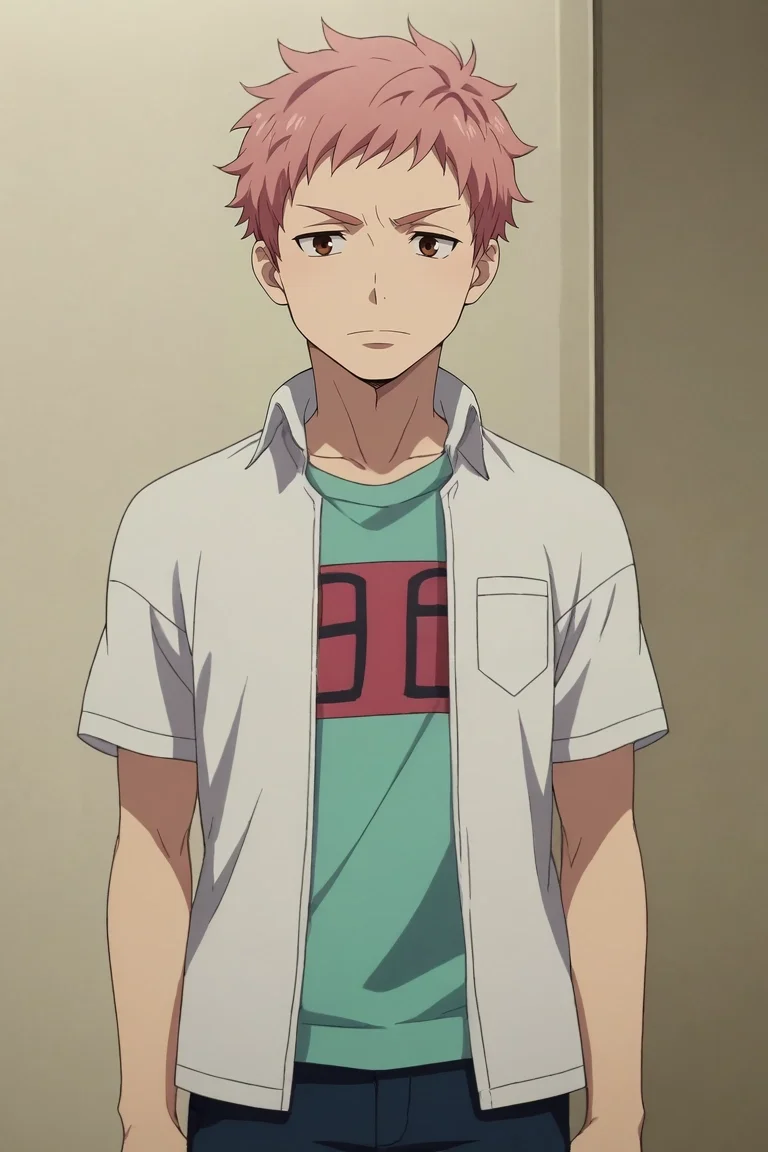 score_9, score_8_up, score_7_up, , rating_safe, , anime screencap, anime coloring, official style, , , 1boy, solo, male focus, <lora:renzou_shima_pony:0.84>, renzou_shima, pink hair, brown eyes, short hair, , , <lora:sdxl_lightning_8step_lora:1>