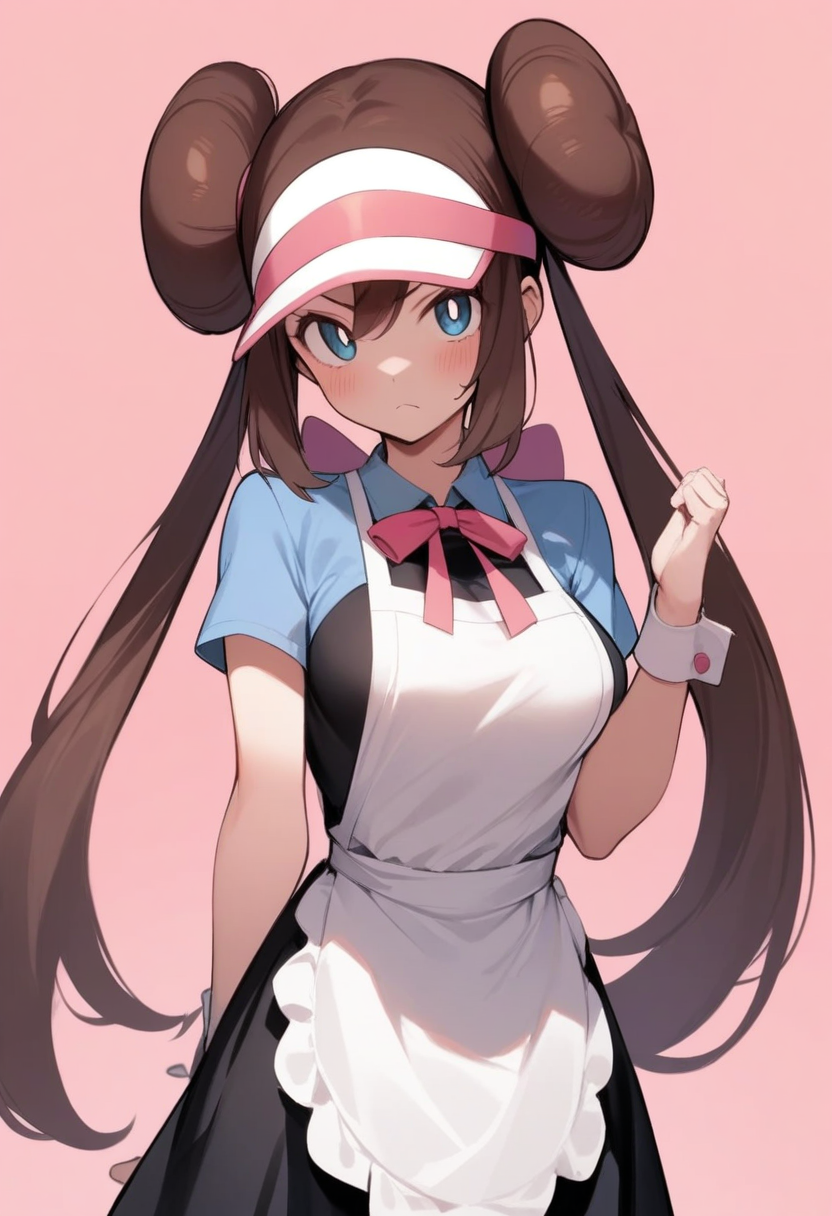 masterpiece,best quality,very aesthetic,absurdres,<lora:rosa_(pokemon):1>,rosa_\(pokemon\), highres, breasts, neck_ribbon, blush, 1girl, doughnut_hair_bun, solo, pink_ribbon, frown, white_apron, white_pupils, pink_background, black_dress, visor_cap, commentary_request, looking_at_viewer, short_sleeves, double_bun, closed_mouth, enmaided, wrist_cuffs