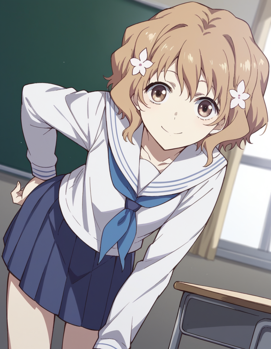 score_9, score_8_up, score_7_up, source_anime,
ohanamatsumae, <lora:ohana-matsumae-s1-ponyxl-lora-nochekaiser:1>,
ohana matsumae, short hair, brown hair, hair ornament, brown eyes, flower, hair flower,
skirt, school uniform, serafuku, blue skirt, pleated skirt, neckerchief, blue neckerchief, long sleeves,
indoors, classroom, bent over, smile,
looking at viewer, cowboy shot, solo, dutch angle,