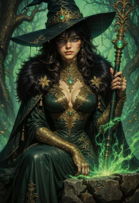 a highly detailed digital painting of a fantasy character, a young woman with a mysterious and enchanting presence. She has long, dark, wavy hair cascading over her shoulders and is adorned with a large, dark green witch's hat embellished with intricate golden designs and a small green gem at the tip. Her eyes are strikingly green, matching her outfit and accessories.
She is dressed in a form-fitting, dark green gown with gold accents, revealing a deep neckline that highlights her ample cleavage. The gown is adorned with elaborate gold embroidery and a luxurious fur-trimmed cape that drapes over her shoulders and down her back. She wears a gold choker with a large green gem in the center, and matching bracelets on her wrists.
The character holds a long, ornate staff in her right hand, which is topped with a glowing green gem and adorned with gold embellishments. Her left hand rests on her lap, where she sits on a stone surface partially covered by a green, misty fog.
The background is a dark, mystical forest with dense foliage and a soft green glow emanating from the mist, creating a magical ambiance. The painting is rich in texture and color, with a high level of detail in the character's attire and the surrounding environment.