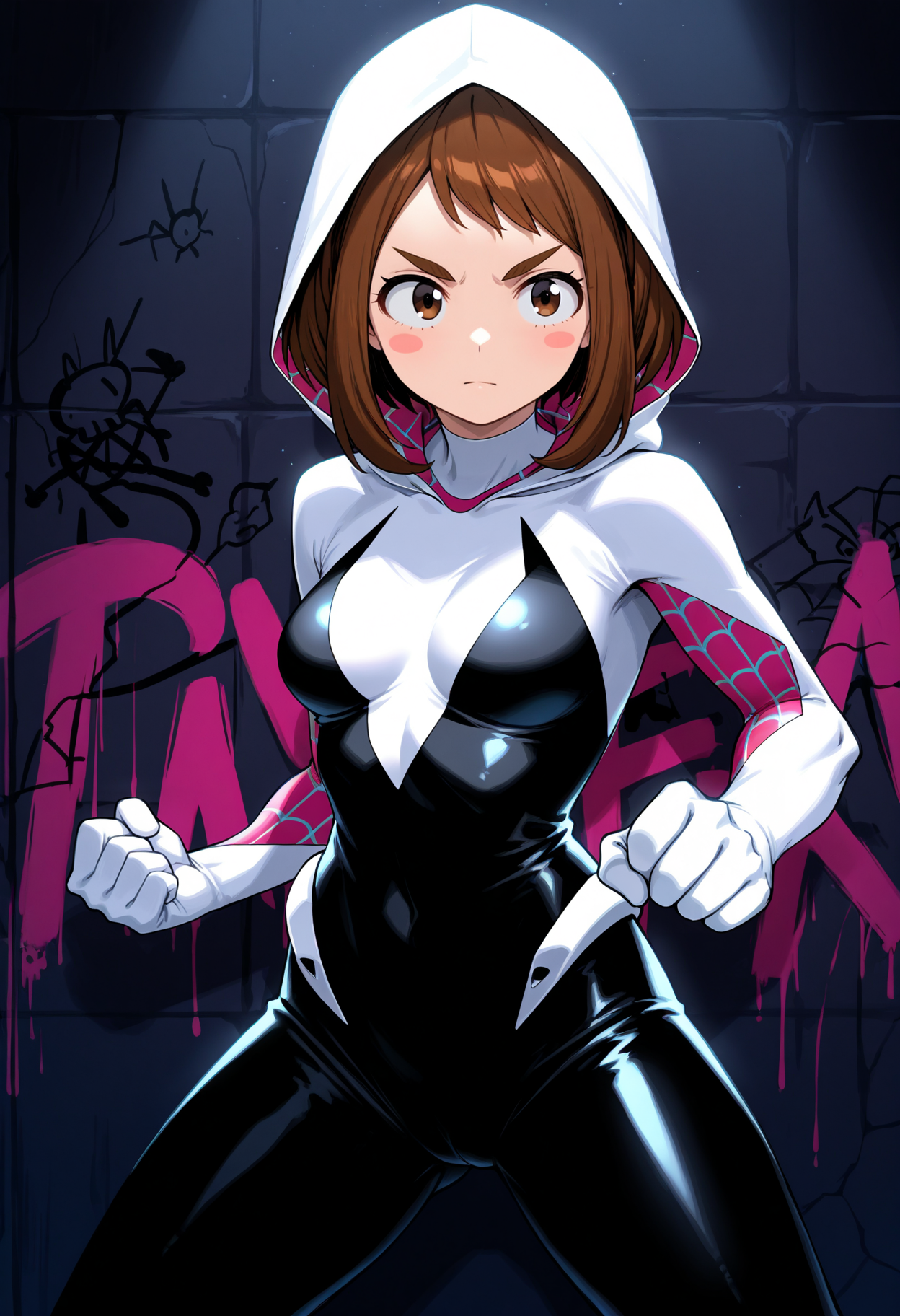masterpiece, best quality, 1girl, solo, urarak4, brown hair, short hair, blush stickers, hooded bodysuit, spider web print, bodysuit, hood, gwenstacy, hood up, (graffiti:1.1), dark theme, fighting stance, cowboy shot, outstreched arm, brown eyes, legs apart, looking ahead, dim lighting, dark background, backlighting, v-shaped eyebrows, closed mouth, masterpiece, best quality, 1girl, solo, urarak4, brown hair, short hair, blush stickers, hooded bodysuit, spider web print, bodysuit, hood, gwenstacy, hood up, (graffiti:1.1), dark theme, fighting stance, cowboy shot, outstreched arm, brown eyes, legs apart, looking ahead, dim lighting, dark background, backlighting, v-shaped eyebrows, closed mouth, cameltoe