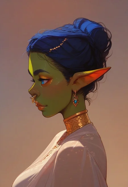 (score_9, score_8_up, score_7_up), solo_female, high quality, best quality, close-up. Elegant woman. Gorgeous eyes, blue eyes, goblin female, Pointy ears. Large breasts, narrow waist, wide hips, big butt. Blue hair. Hair up, uncensored, excited expression, green skin.
Wearing blue saree, gold indian jewelry. Gold nose ring, walking through desert market, desert