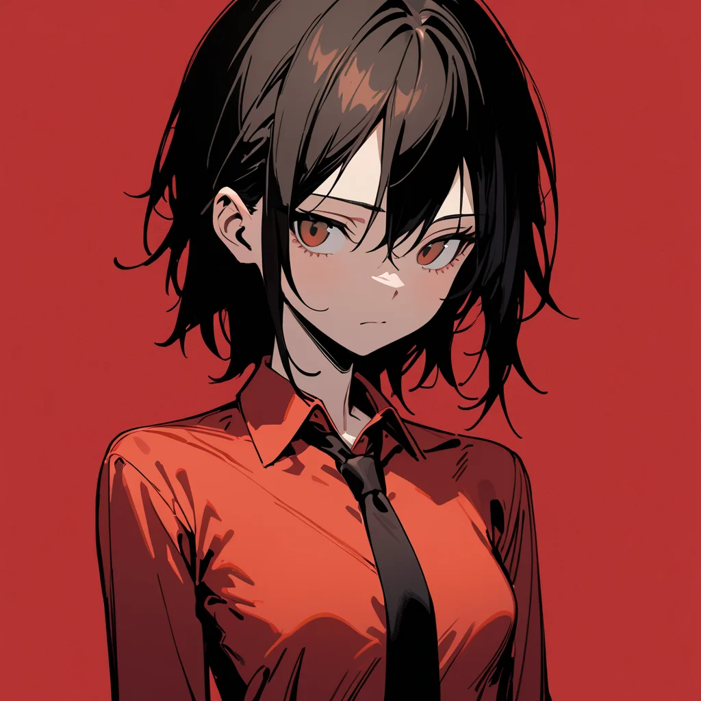 best quality, hires,
girl, black hair, brown eyes, wolf cut, red collared shirt, long sleeves, black necktie, skinny, small breasts, upper body, (short hair:0.5),
red simple background,
<lora:Wolf_Cut:0.8>