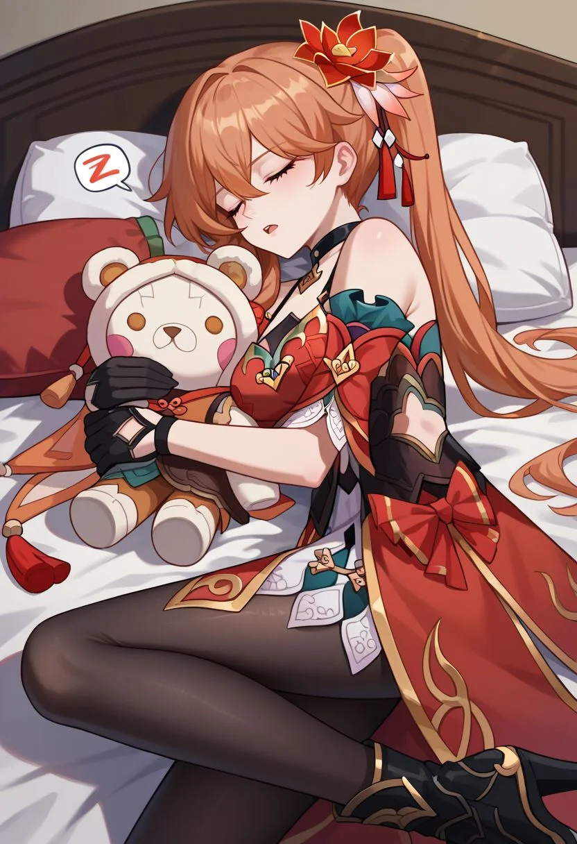 score_9, score_8_up, score_7_up, source_anime, 1girl, guinaifendef, closed eyes, orange hair, long hair, hair between eyes, side ponytail, hair ornament, hair flower, black choker, bare shoulders, detached sleeves, red dress, chinese clothes, black gloves, black pantyhose, black footwear, high heels, boots, lying, on back, on bed, on side, open mouth, sleeping, looking to the side, indoors, bedroom, pillow, doll, hugging object, holding doll, upper body, zzz, spoken zzz, <lora:Guinaifen_v1-000010:1>