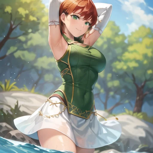 priscilla fe, 1girl, solo, breasts, looking at viewer, smile, skirt, shirt, gloves, closed mouth, standing, outdoors, sky, sleeveless, day, elbow gloves, shiny, white gloves, armpits, water, orange hair, arms up, tree, white skirt, wading, green shirt, <lora:Priscilla_FE-15:0.7>