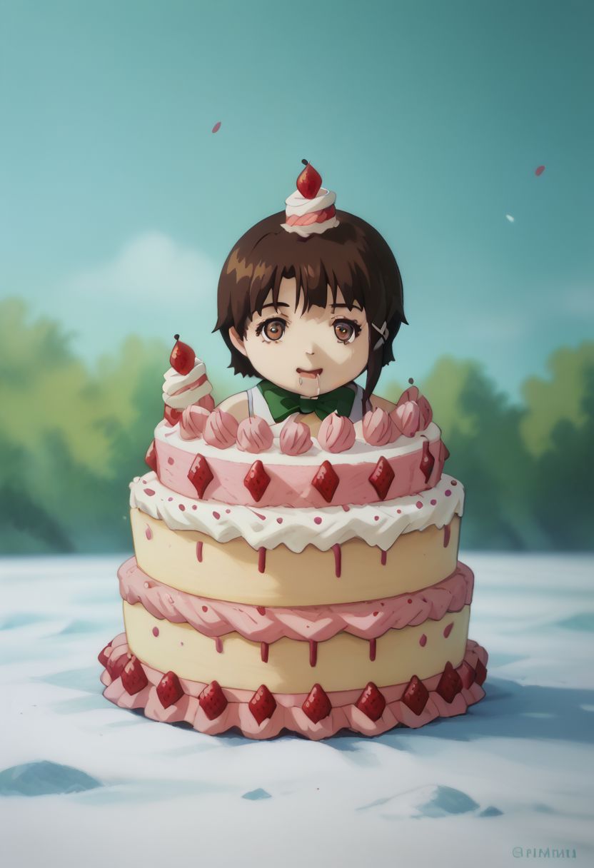 score_9, score_8_up, score_7_up, score_6, source_anime, lain, brown hair, ((light green camisole, green bowtie)), table, tartan tablecloth, ((chibi, gluttonizing, chubby, devouring cake, bulimic eating, overindulging, overeating, drooling)), (((big giant fat wedding-cake, giant huge cake, enormous layered cake, tall cake))), cute, clouds sky background, outdoors, airborne
