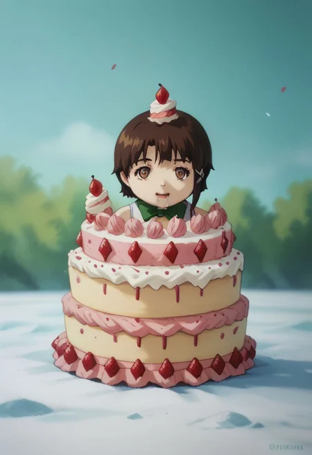 score_9, score_8_up, score_7_up, score_6, source_anime, lain, brown hair, ((light green camisole, green bowtie)), table, tartan tablecloth, ((chibi, gluttonizing, chubby, devouring cake, bulimic eating, overindulging, overeating, drooling)), (((big giant fat wedding-cake, giant huge cake, enormous layered cake, tall cake))), cute, clouds sky background, outdoors, airborne