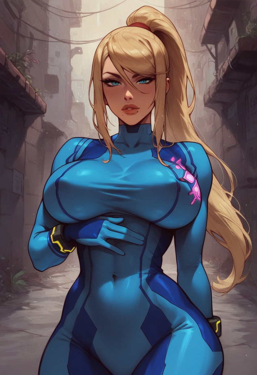 score_9, score_8_up, score_7_up, score_6_up, score_5_up, score_4_up, masterpiece, perfect face, perfect eyes, dark alley, sexy girl, Samus Aran, 1girl, defSamus, blonde hair, bodysuit, blue clothes, blue pants, high heels, curvy, thighs, standing, sexy pose, seductive, (large breasts:1.3), (((half body shot:1.5))), thick thighs, front view, female focus, looking at viewer, ((covered breasts)), ((covered nipples)),