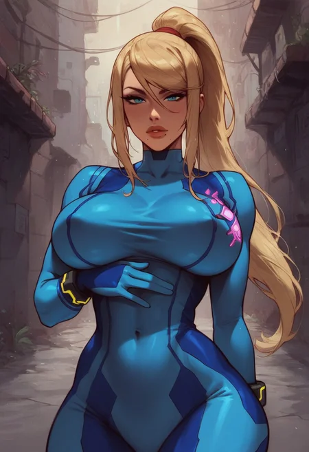 score_9, score_8_up, score_7_up, score_6_up, score_5_up, score_4_up, masterpiece, perfect face, perfect eyes, dark alley, sexy girl, Samus Aran, 1girl, defSamus, blonde hair, bodysuit, blue clothes, blue pants, high heels, curvy, thighs, standing, sexy pose, seductive, (large breasts:1.3), (((half body shot:1.5))), thick thighs, front view, female focus, looking at viewer, ((covered breasts)), ((covered nipples)),