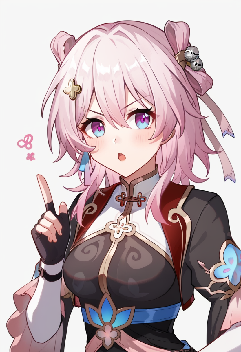 score_9,score_8_up,score_7_up,<lora:march_7th_(hunt))_pony-000020:1>,march_7th_(hunt)_(honkai:_star_rail), 1girl, solo, pink_hair, black_gloves, fingerless_gloves, blue_eyes, open_mouth, pink_eyes, official_alternate_costume, upper_body, looking_at_viewer, hair_between_eyes, medium_hair, medium_breasts, hair_ornament, blush, simple_background, hand_up, black_dress, grey_background, index_finger_raised, chinese_clothes, v-shaped_eyebrows
