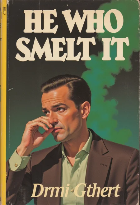 {faded |damaged |poor condition |3::}Book cover: "He who smelt it", subtitle: "dealt it", author: "kftiger". A man is holding his nose, looking disgusted. There is green smoke.