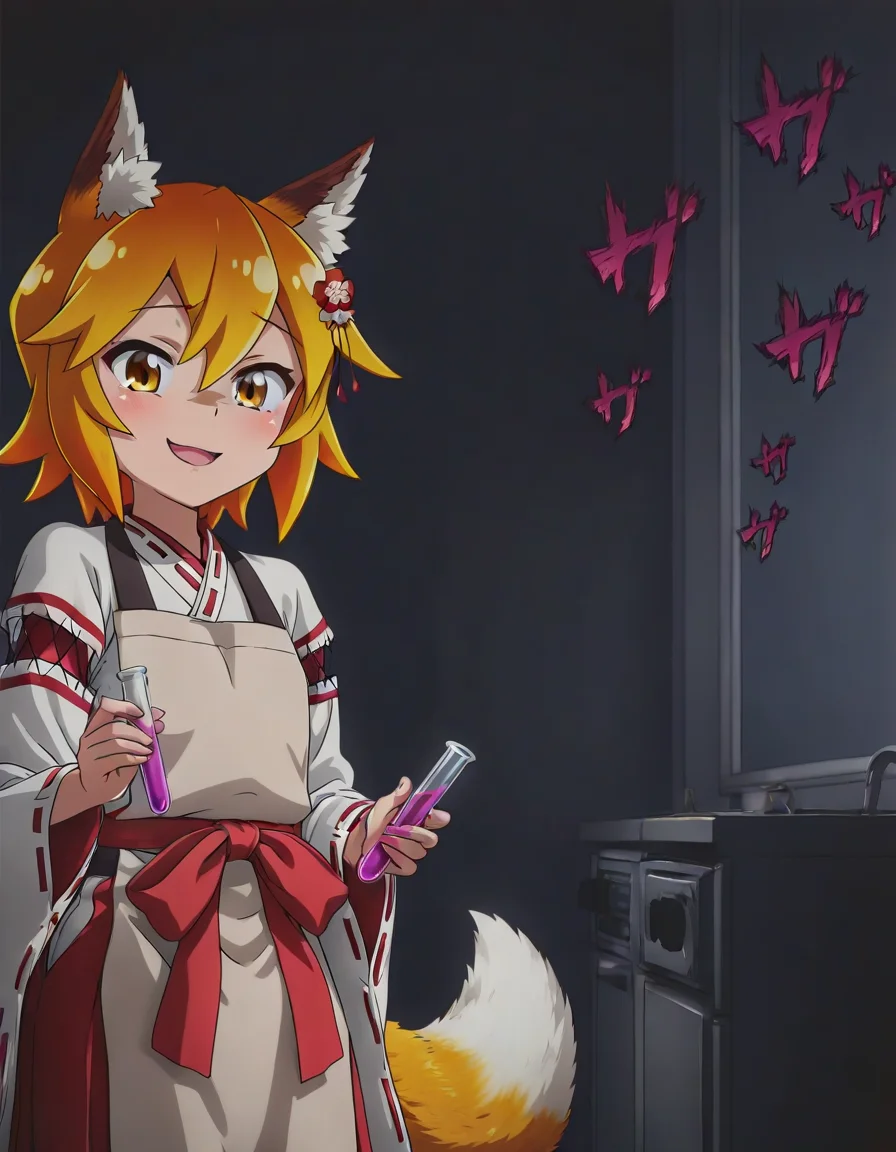<lora:illustriousXLv01_stabilizer_v1.185c:0.8>1girl,anime coloring,senko \(sewayaki kitsune no senko-san\),fox ears,fox tail,cowboy shot,evil smile,menacing \(jojo\),shadow,masterpiece,dark kitchen,holding glowing  test tube,dark room,night,upper body,