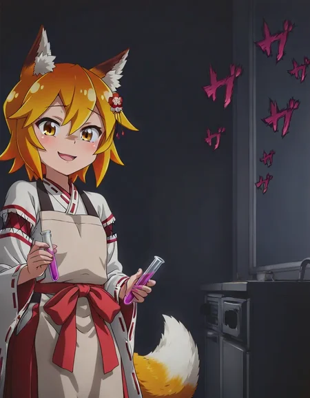 <lora:illustriousXLv01_stabilizer_v1.185c:0.8>1girl,anime coloring,senko \(sewayaki kitsune no senko-san\),fox ears,fox tail,cowboy shot,evil smile,menacing \(jojo\),shadow,masterpiece,dark kitchen,holding glowing test tube,dark room,night,upper body,