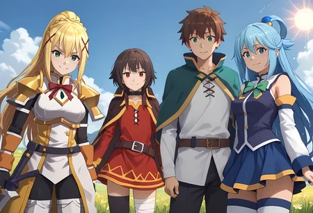 (this end result was inpainted, you can't plug this in, sorry)
Can read description for a set of steps taken.
score_9,score_8_up,score_7_up,source_anime,fantasy,grassy,flowers,backlighting,field,(((3girls))),multiple girls,(1boy),Darkness,Megumin,kazuma satou,Aqua_(Konosuba) BREAK
blue sky,sun,white fluffy clouds BREAK
(1girl),<lora:Darkness_konosuba_V2:0.8>,darkness /(konosuba/),long hair,green eyes,blonde hair,x hair ornament,ponytail,braid,gloves,armor,bodysuit,shoulder armor,armored dress BREAK
(1girl),<lora:konosuba-megumin-s2-ponyxl-lora-nochekaiser:0.8>,megumin,short hair,black hair,red eyes,short hair with long locks,thighhighs,gloves,hat,dress,black gloves,belt,black thighhighs,fingerless gloves,cape,collar,witch hat,bandages,red dress,single thighhigh,asymmetrical legwear,bandaged leg BREAK
(1boy),<lora:kazuma-satou-s2-ponyxl-lora-nochekaiser:0.7>,kazuma satou,short hair,brown hair,green eyes,male focus,shirt,long sleeves,white shirt,belt,pants,capelet,brown belt BREAK
(1girl),<lora:Aqua_Pony:0.7>,Aqua_(Konosuba),blue_eyes,blue_hair,long_hair,hair_rings,medium_breasts,blue_eyes,blue_hair,long_hair,hair_rings,medium_breasts,bare_shoulders,blue_skirt,(blue_thighhighs:0.9),detached_sleeves,green_bowtie,hair_ornament,miniskirt,white_sleeves,white_thighhighs,sleeveles_shirt,blue_shirt,