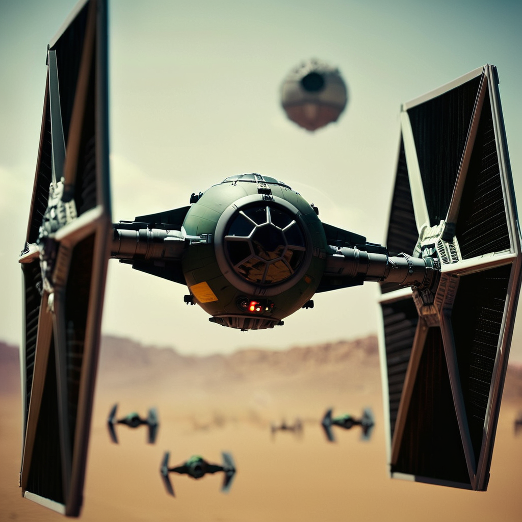 cinematic film still of  <lora:star wars style v2:0.2>
<lora:detailed:0.4> detailed
<lora:perfection style:0.4> perfect
<lora:Chiaroscuro Lighting Style:0.2>
 <lora:TIE fighter:0.9>
TIE fighter a star wars tie fighter flying over a desert,cloud,military,no humans,robot,mecha,flying,science fiction,military vehicle,battle,explosion,spacecraft , star wars style, battle, laser beam from tie fighter, green weapon, burstfir, shallow depth of field, vignette, highly detailed, high budget, bokeh, cinemascope, moody, epic, gorgeous, film grain, grainy