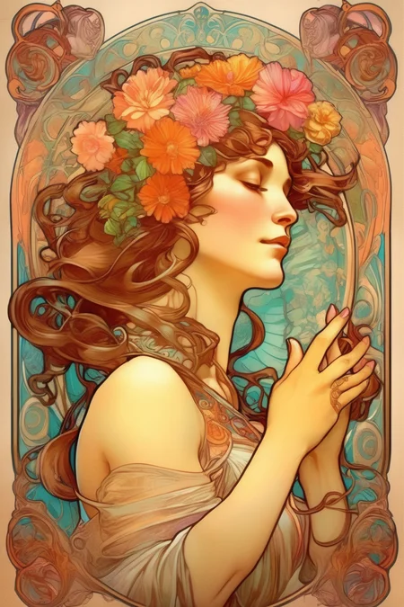 <lora:Alphonse Mucha Style:1>Alphonse Mucha Style - make a picture that is full color for the cover of book in the style of Alphonse Mucha. make fingers anatomically correct.