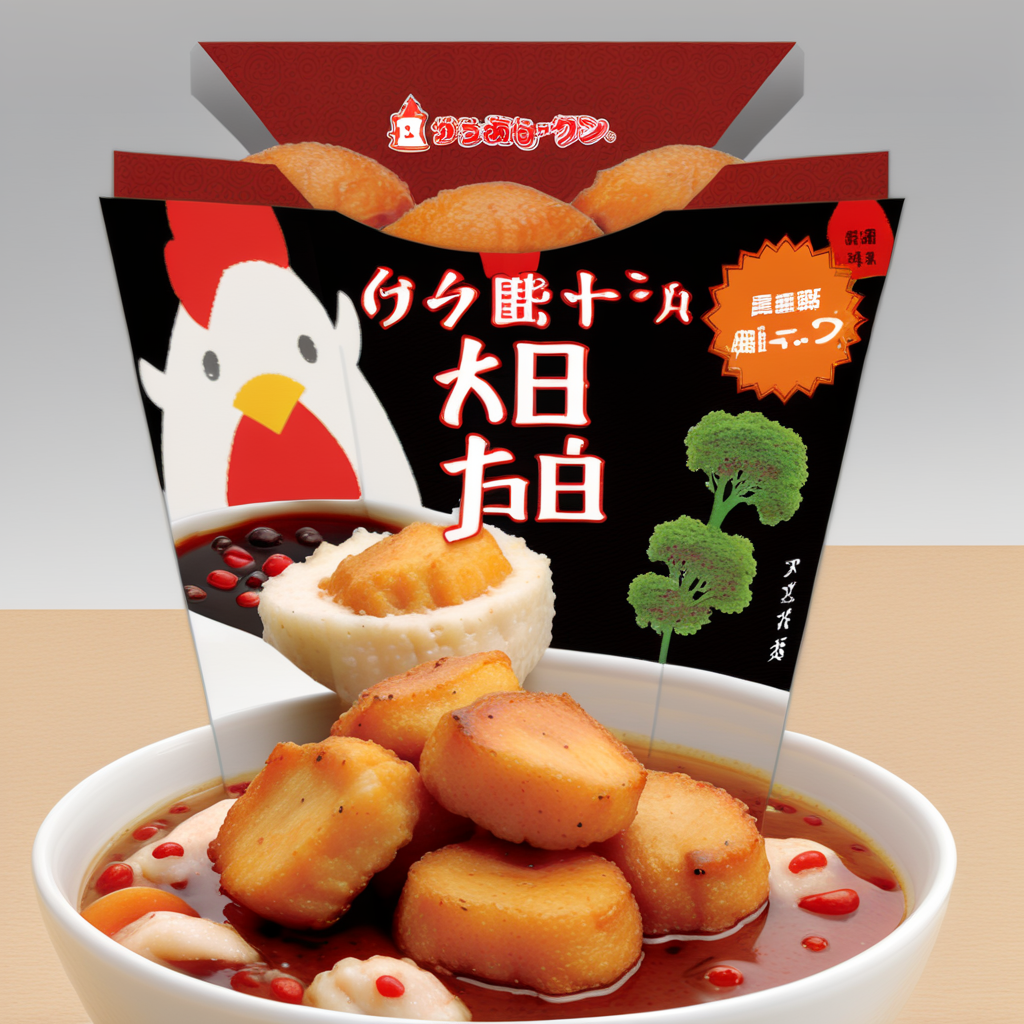 A photorealistic image of a spicy hot pot brimming with chicken nuggets. The broth should be rich and red, indicating its spicy nature, with visible chili peppers and Sichuan peppercorns. The chicken nuggets should be fully submerged, absorbing the flavors of the broth. Steam should be rising from the hot pot, and the surrounding environment should suggest a traditional or modern hot pot restaurant setting. The lighting should emphasize the vibrant colors of the broth and the texture of the chicken nuggets, making the dish look inviting and mouth-watering, <lora:lawsonkara:0.75>,outkara
