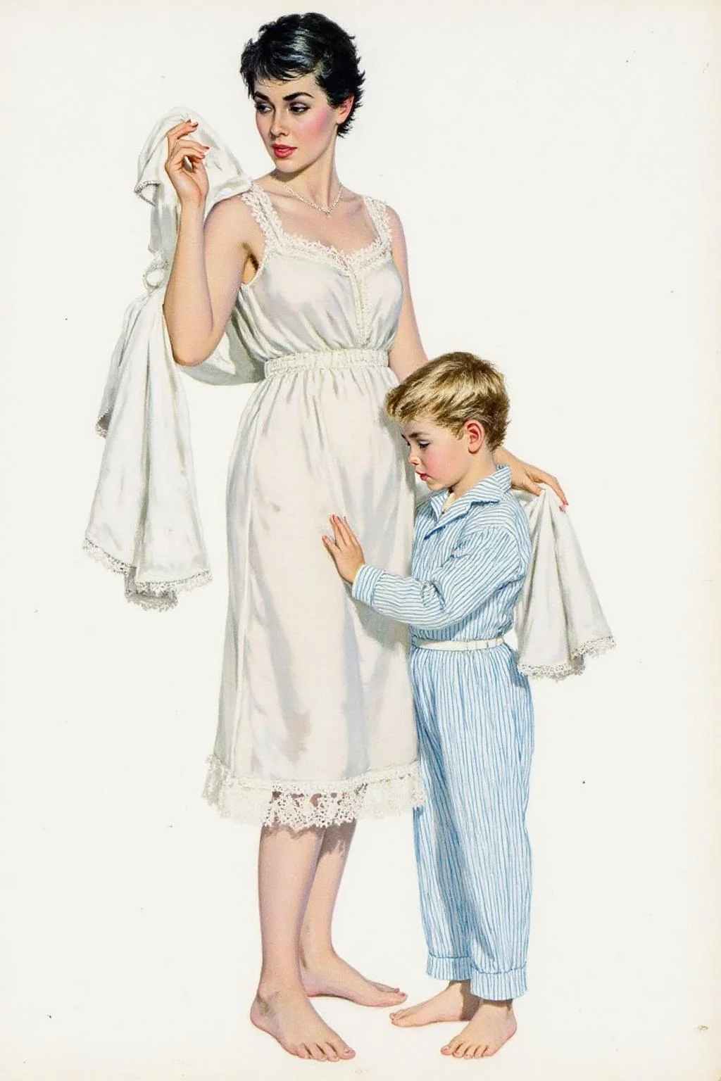 cobyw1 illustration
kard1 illustration.
A mother and a little boy.
The mother with short, dark hair, is standing on the right side of the image. She is dressed in a sleeveless, white nightgown with delicate lace trim at the hem. She is holding a white towel or robe in her right hand, which is raised as if she is adjusting her hair or wiping her forehead. Her expression is focused and slightly concerned.
A little boy, dressed in blue and white striped pyjama, is standing beside his mother, with his head leaning against her belly.
<lora:cobyw1_cap_d6a3e12:1.0><lora:818786050127181091:0>
