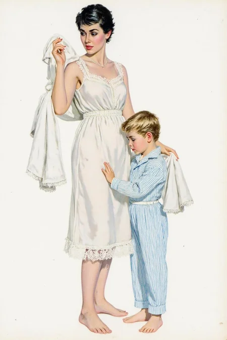 cobyw1 illustration
kard1 illustration.
A mother and a little boy.
The mother with short, dark hair, is standing on the right side of the image. She is dressed in a sleeveless, white nightgown with delicate lace trim at the hem. She is holding a white towel or robe in her right hand, which is raised as if she is adjusting her hair or wiping her forehead. Her expression is focused and slightly concerned.
A little boy, dressed in blue and white striped pyjama, is standing beside his mother, with his head leaning against her belly.
<lora:cobyw1_cap_d6a3e12:1.0><lora:818786050127181091:0>