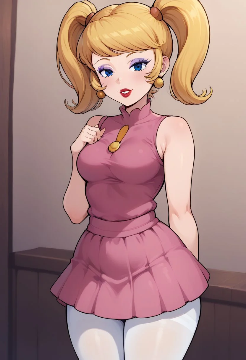 solo, Candi (Dexter's Laboratory), blonde, light purple eyeshadow, red lipstick, baby blue eyes, twintails, pink shirt, sleeveless, pink skirt, white pantyhose, Expressiveh, syuro, standing,