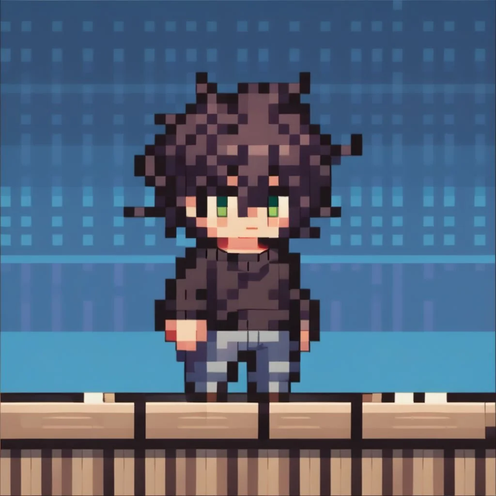 score_9, score_8_up, score_7_up, source_anime, chibi, pixel art, full body, Andrew Graves, green eyes, black messy hair, hair between eyes, sweater, long sleeves, jeans