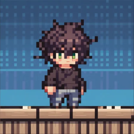score_9, score_8_up, score_7_up, source_anime, chibi, pixel art, full body, Andrew Graves, green eyes, black messy hair, hair between eyes, sweater, long sleeves, jeans