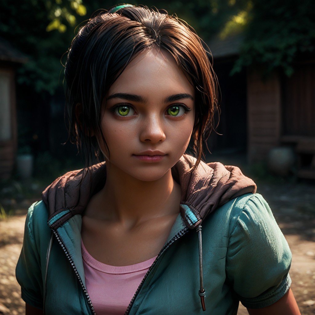 score_9, score_8_up, score_7_up, score_6_up, score_5_up, score_4_up, portrait, 1girl, source game, cinematic render, bhadra, jacket, jeans, green eyes, looking at viewer, black hair, pony tail, pink shirt, hands on hips