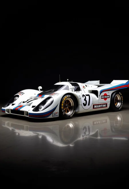 a Porsche 917K in white Martini livery with white body, blue and red Martini stripes, number 37, professional photography, dark background, directional lighting, nvinkpunk