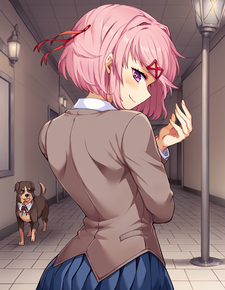 score_9, score_8_up, score_7_up, source_anime, <lora:ddlc-natsuki-ingame-ponyxl-lora-nochekaiser:1>, natsuki, fang, hair ornament, pink hair, purple eyes, short hair, short sidetail, swept bangs, x hair ornament,, blazer, blue skirt, brown jacket, collared shirt, jacket, long sleeves, miniskirt, neck ribbon, pleated skirt, red ribbon, ribbon, school uniform, shirt, skirt, swept bangs, vest, white shirt, wing collar,, city street, evening, streetlights, walking dog, quiet neighborhood, gentle breeze, smile, <lora:dio-brandos-pose-ponyxl-lora-nochekaiser:1>, dio brandos pose, dio brando's pose (jojo), back, ass, from behind, jojo pose, standing, blush, smile, bed room,, looking at viewer, solo,, dutch angle, cowboy shot